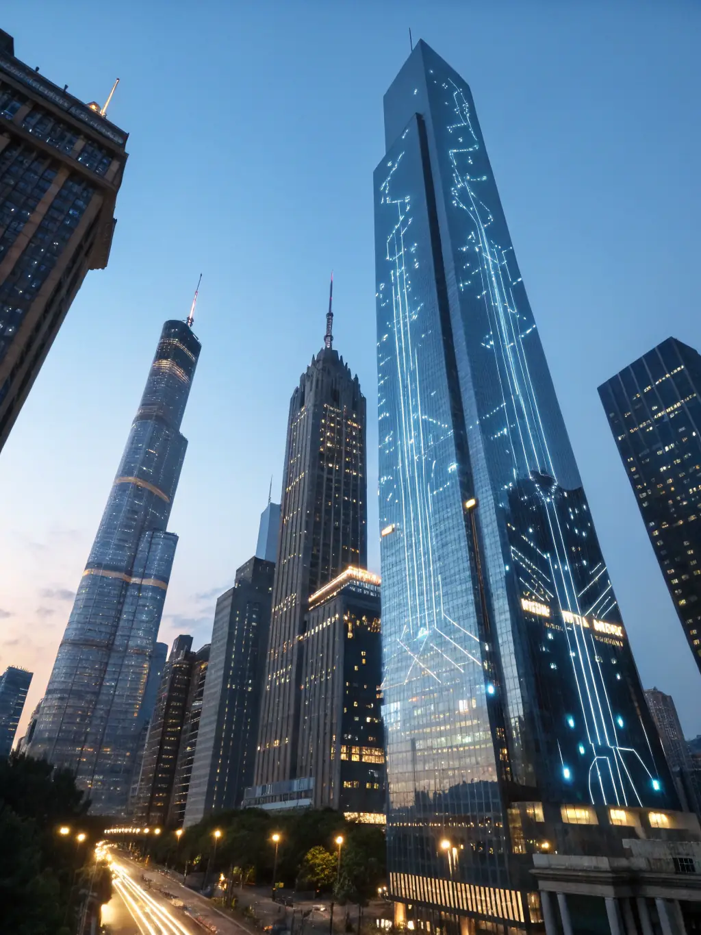 A futuristic cityscape with interconnected digital networks, symbolizing RTY.LY's global reach and scalable solutions for enterprise clients.