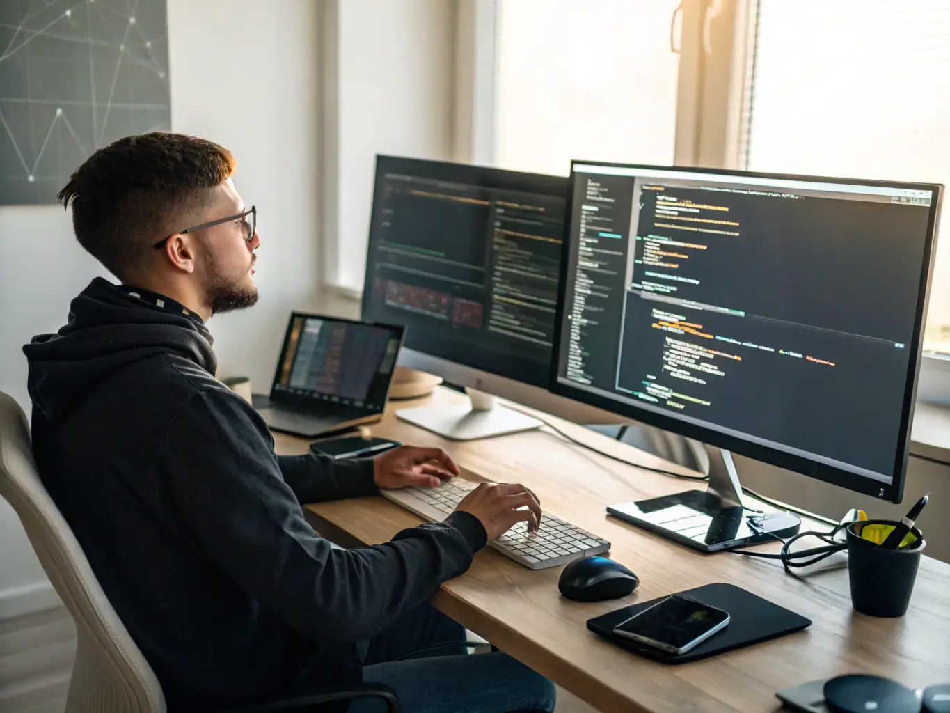 An image of a developer working on a complex software interface on multiple screens, showcasing lines of code and data visualizations.