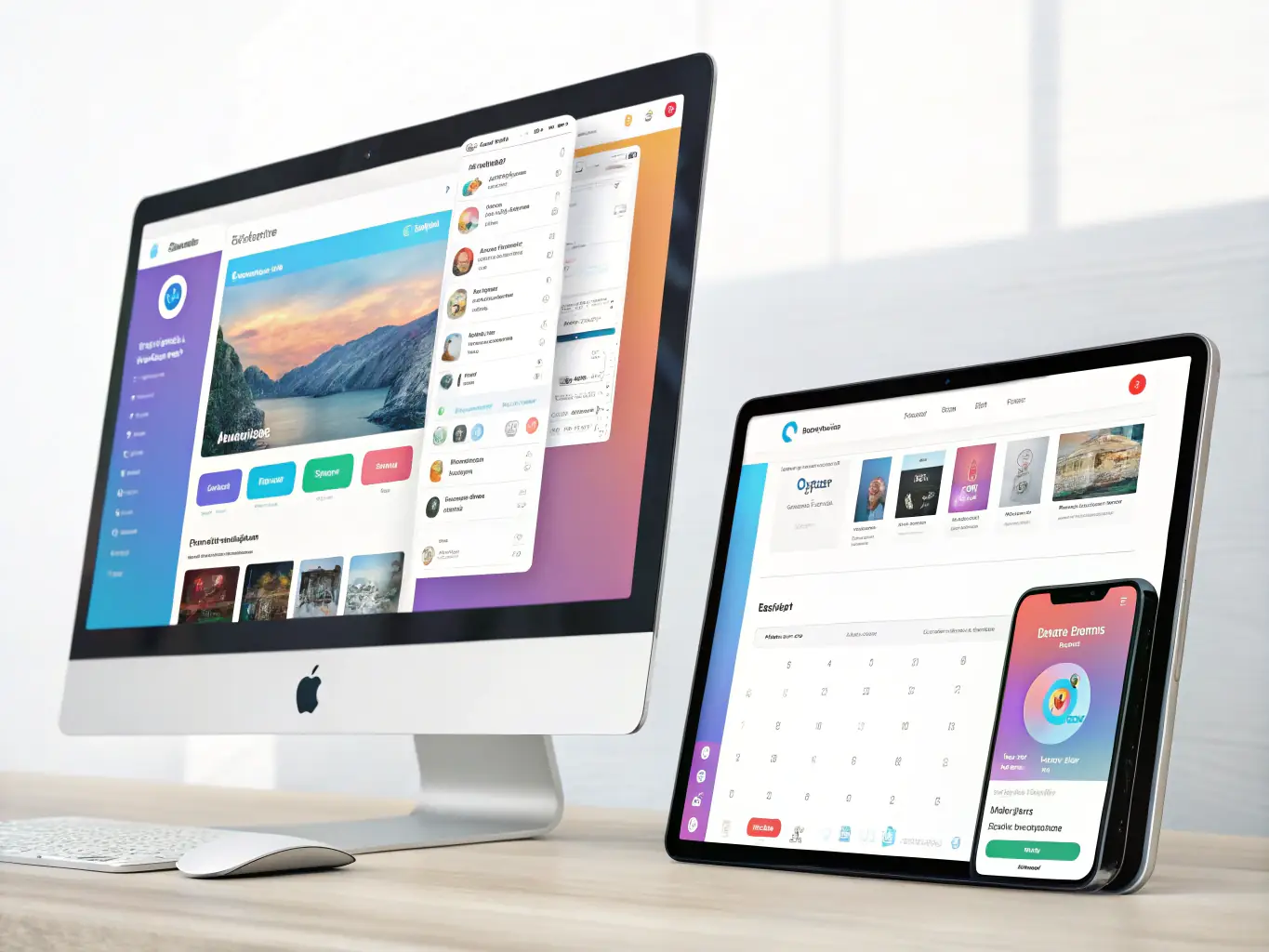A collage of a smartphone, tablet, and desktop displaying various app interfaces, highlighting the responsiveness and user-friendliness of the applications.