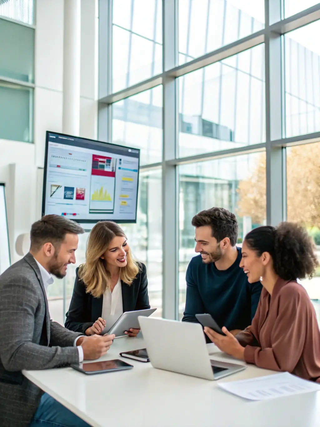 A high-quality image showing a diverse team collaborating on a web and mobile app design, emphasizing user-friendliness and cross-platform compatibility.