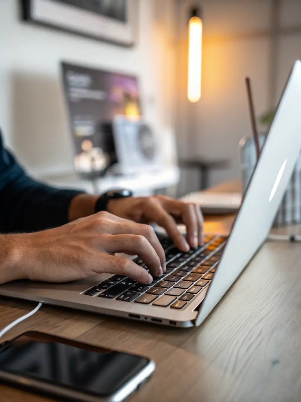 A close-up shot of a developer's hands coding on a laptop, with lines of code reflecting in their glasses, symbolizing innovation in custom software development.